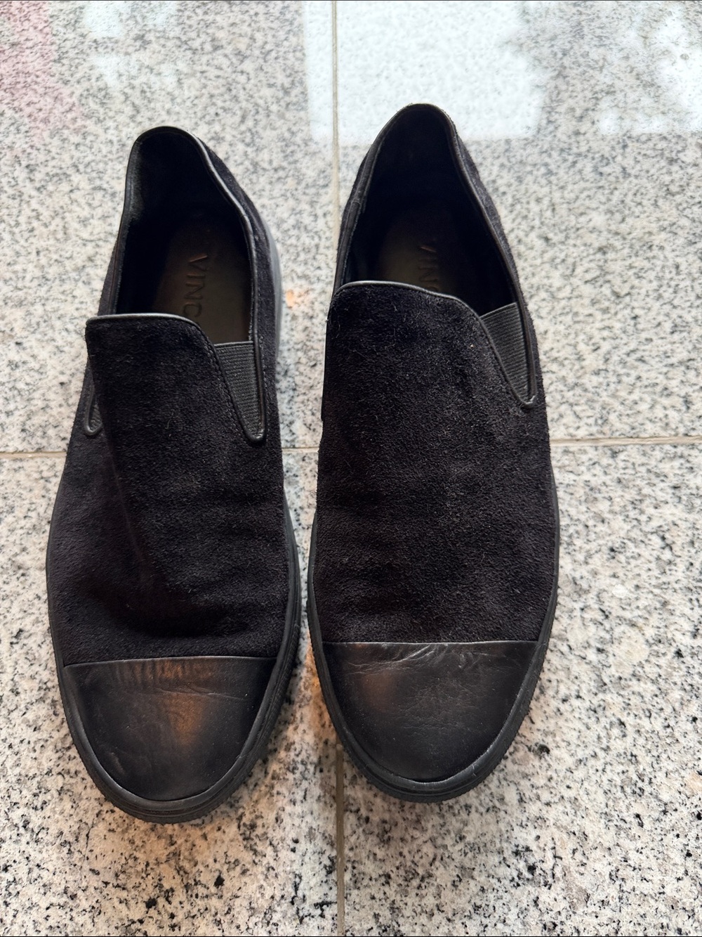 Vince Black Suede Slip-On Sneakers with Leather Toe